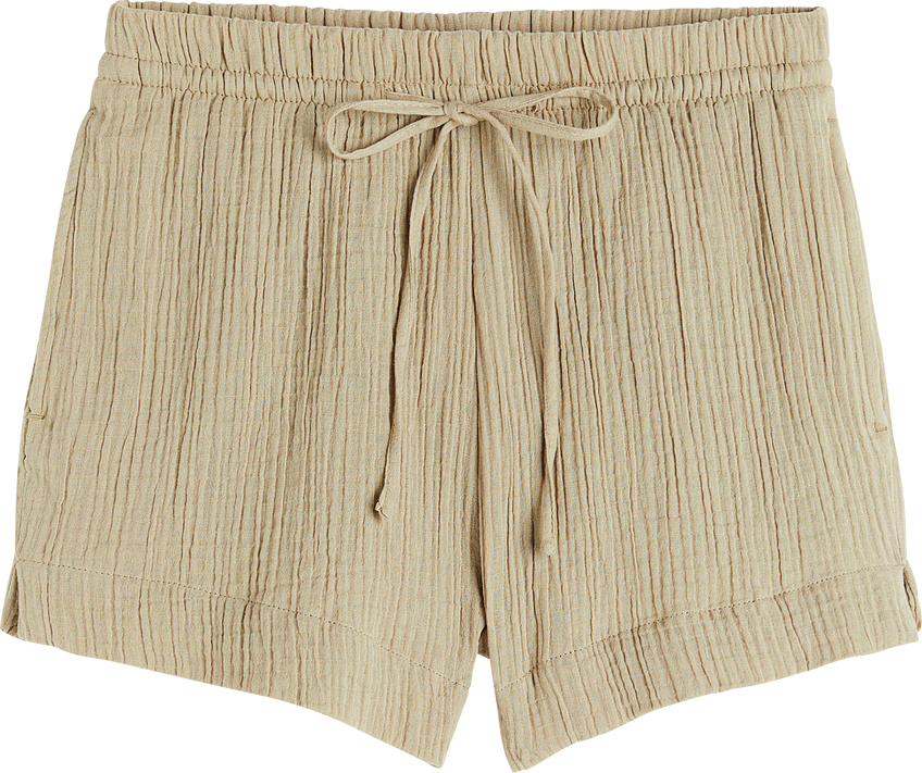 Front view of isolated beige linen women shorts