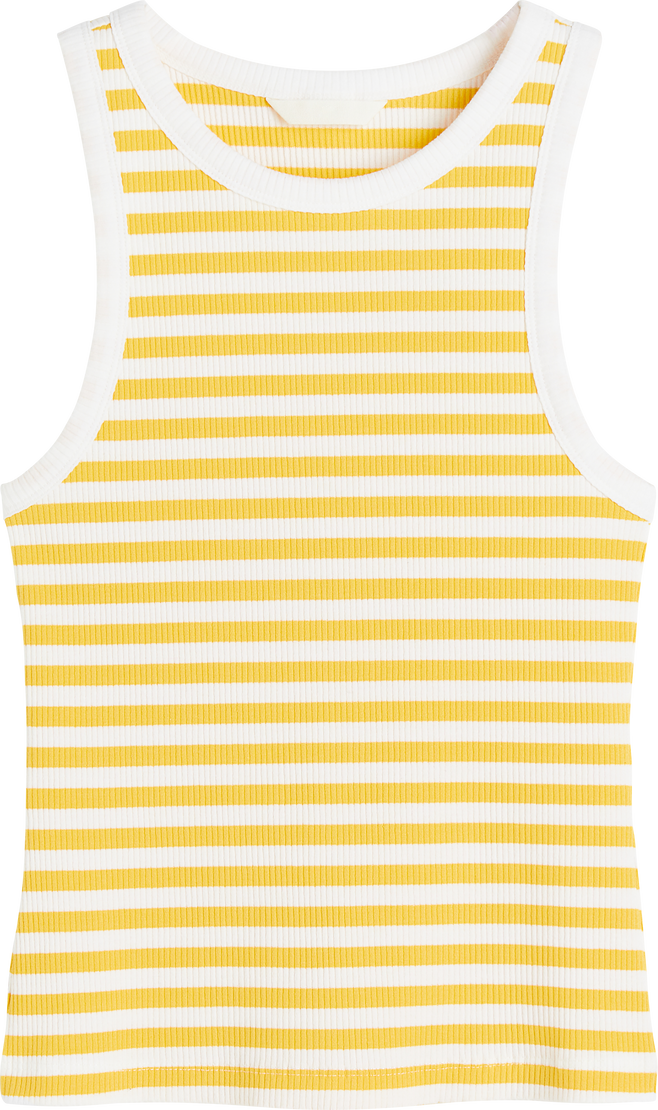 Front view of isolated striped yellow women's tank top