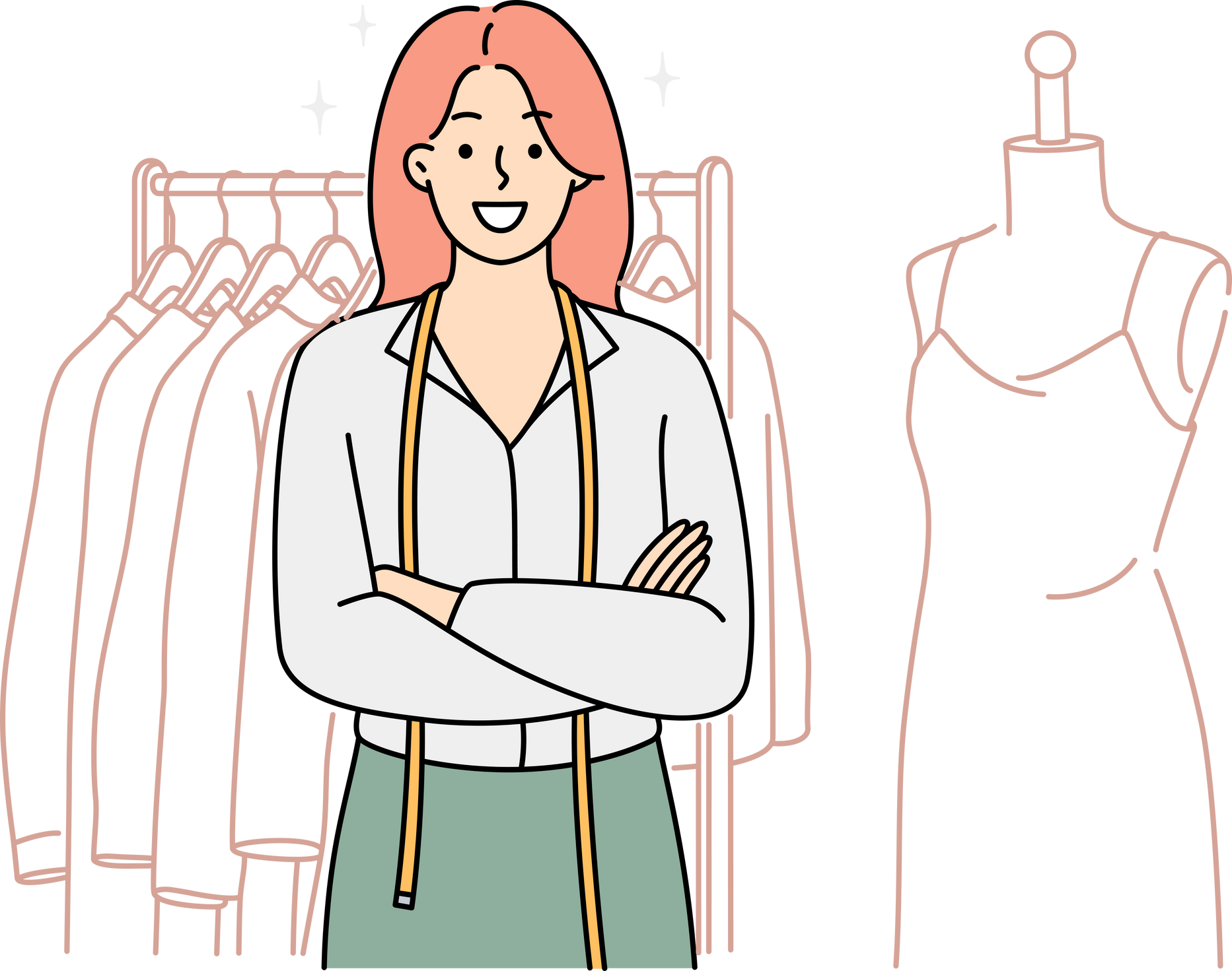 Smiling female designer standing near apparel